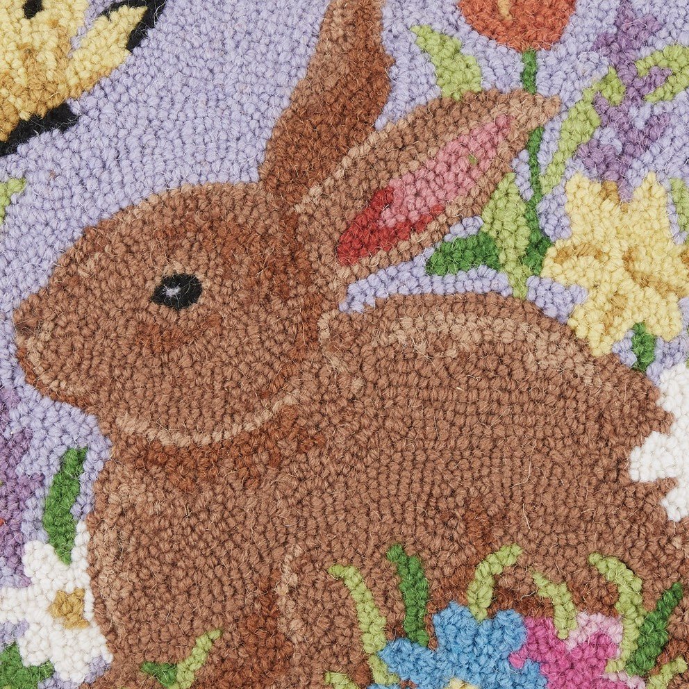 Lavender Bunny Hooked Wool Easter Throw Pillow, close-up detail