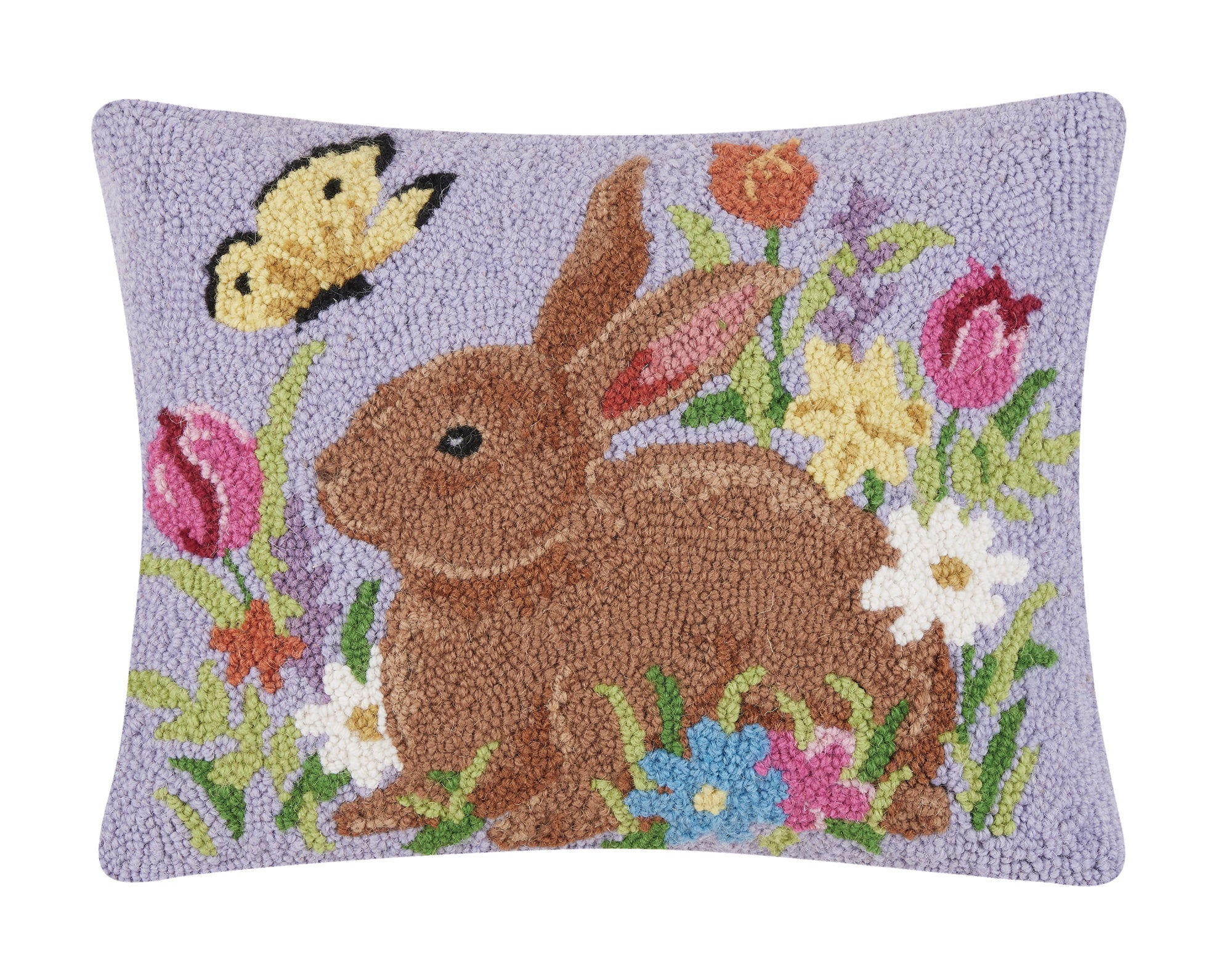 Lavender Bunny Hooked Wool Easter Throw Pillow, 14x18 inch, front view