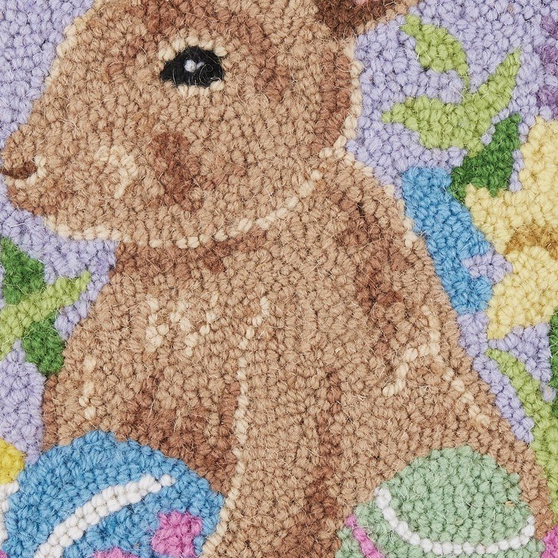Lavender Bunny with Eggs Hooked Wool Easter Throw Pillow, close-up detail