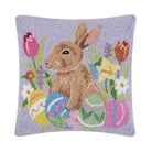 Lavender Bunny with Eggs Hooked Wool Easter Throw Pillow, 16x16 inch, front view