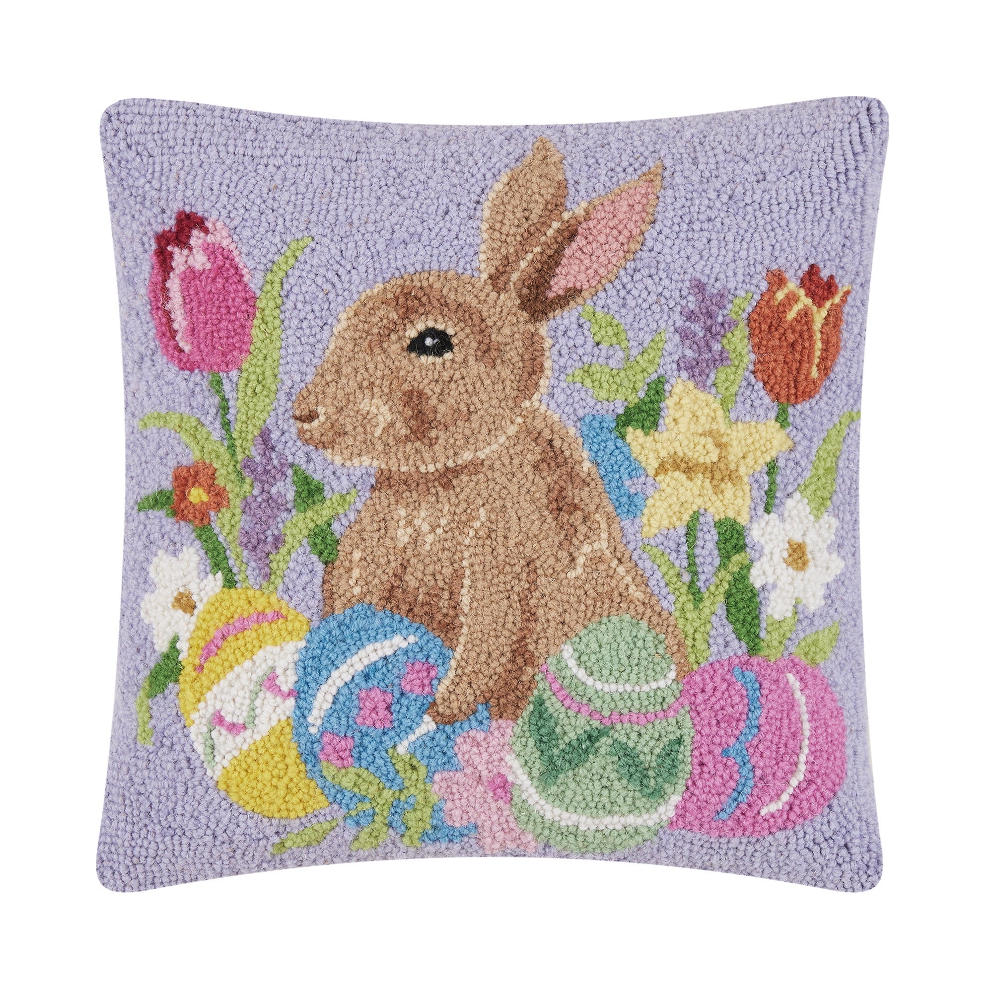 Lavender Bunny with Eggs Hooked Wool Easter Throw Pillow, 16x16 inch, front view