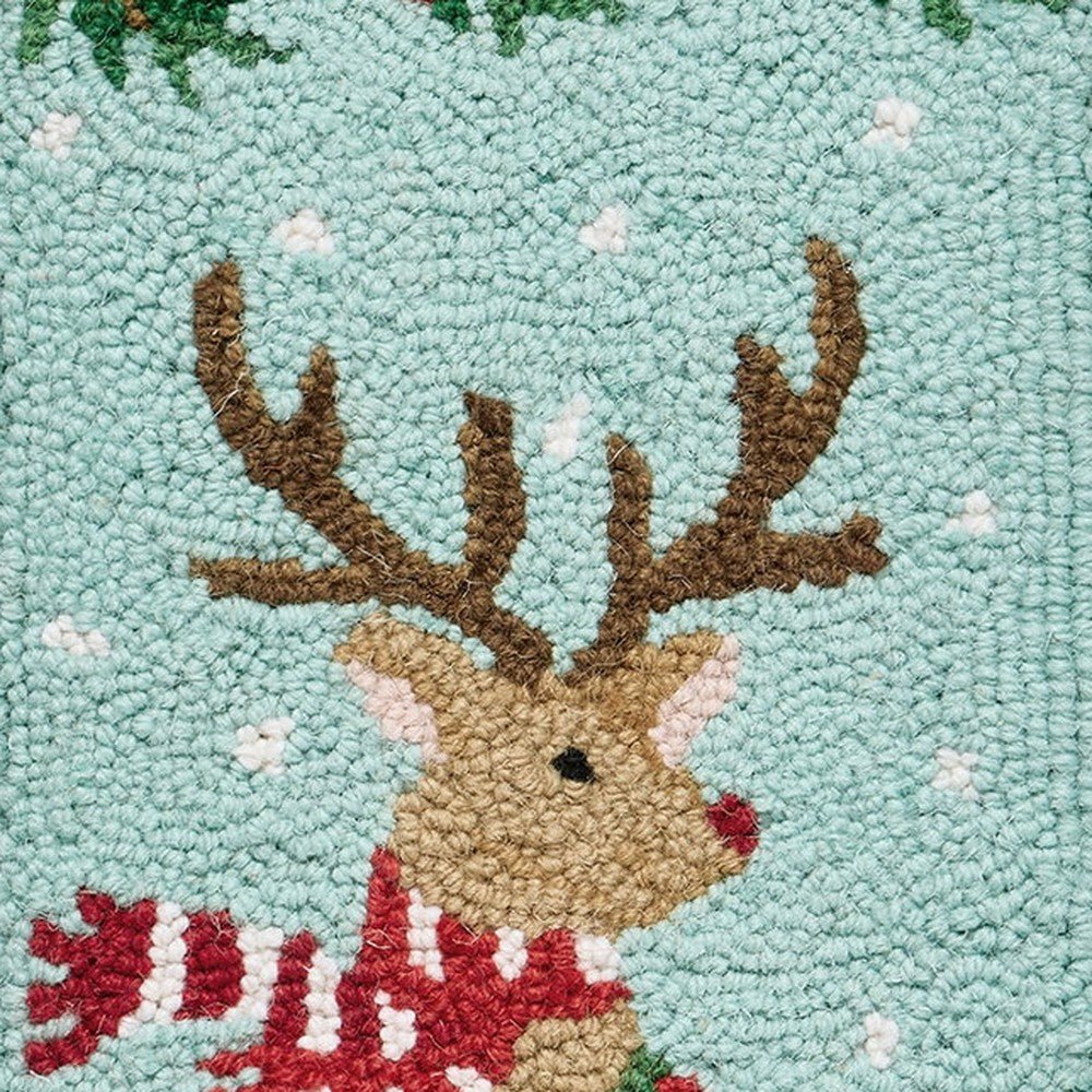 Closeup of Leaping Reindeer Hooked Wool Christmas Stocking showing stitch texture and craftsmanship detail