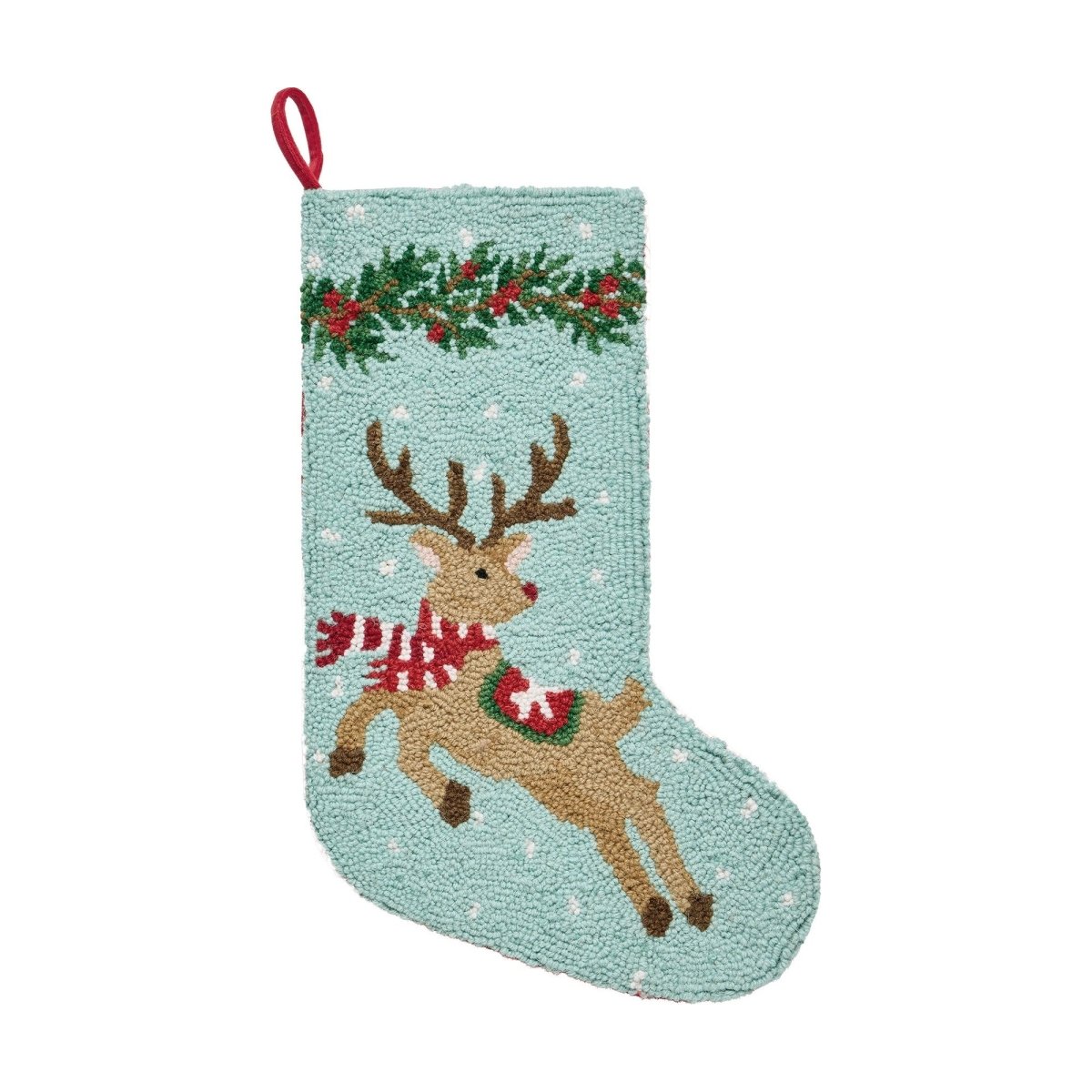 Leaping Reindeer Hooked Wool Christmas Stocking, 12x20 inch, front view