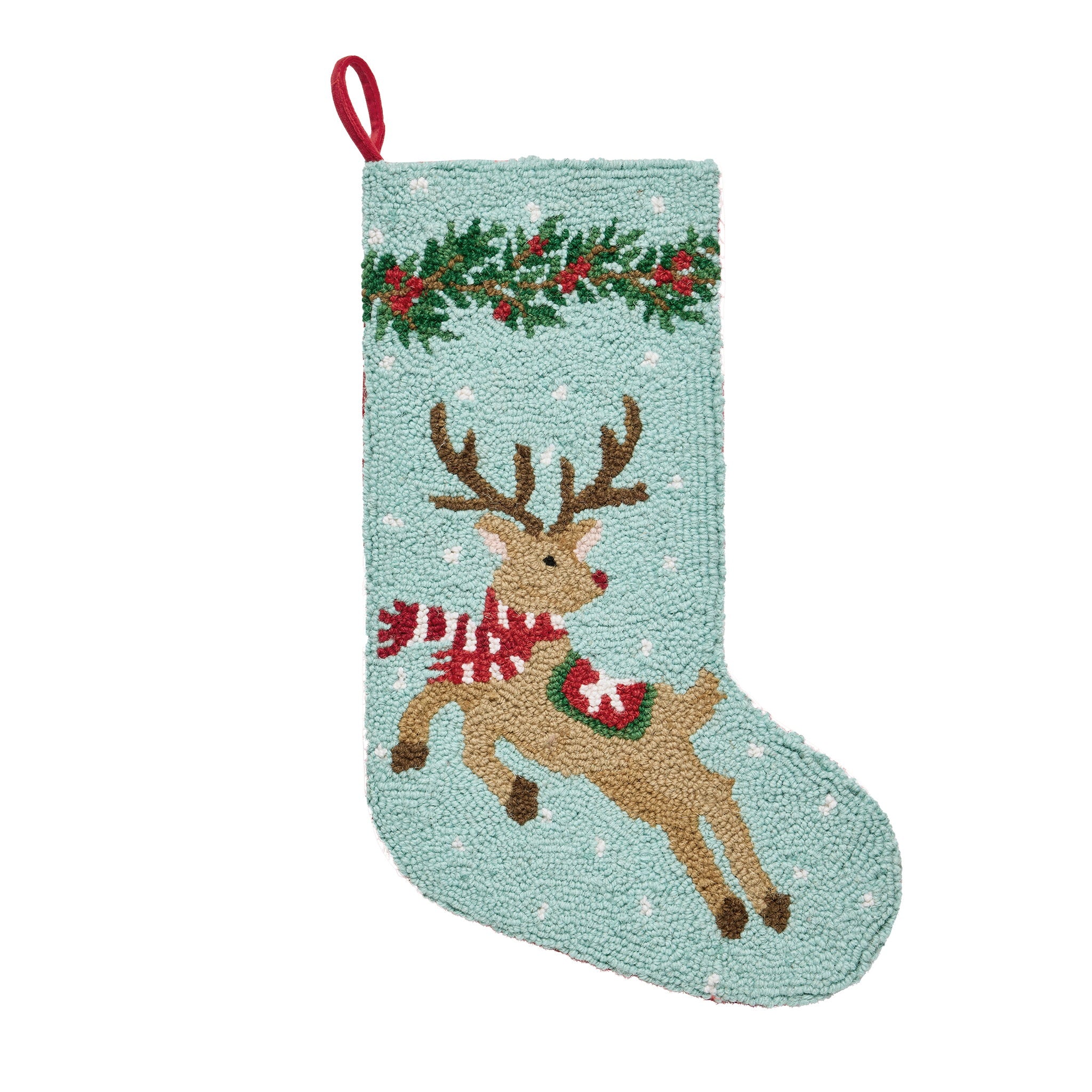 Leaping Reindeer Hooked Wool Christmas Stocking, 12x20 inch, front view