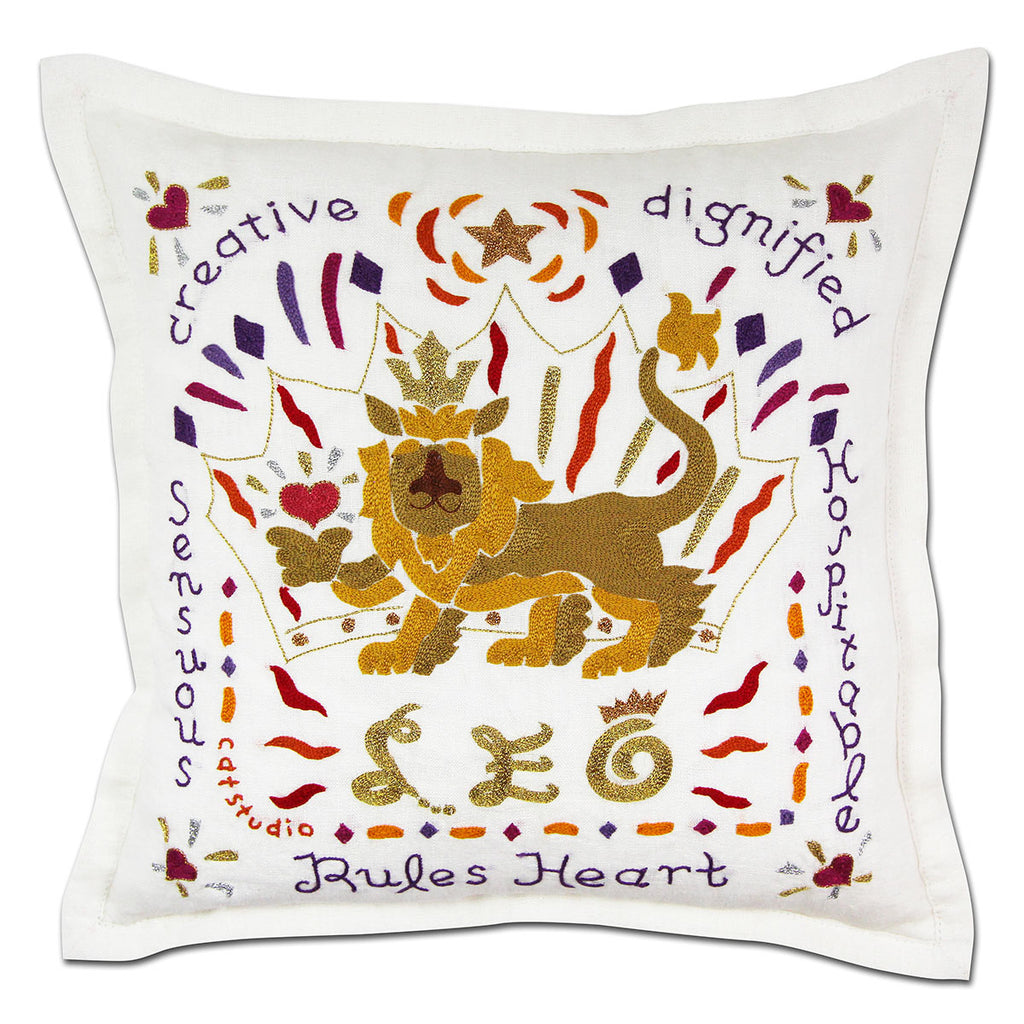 Leo Fire Sign Astrology embroidered throw pillow with zodiac sign.