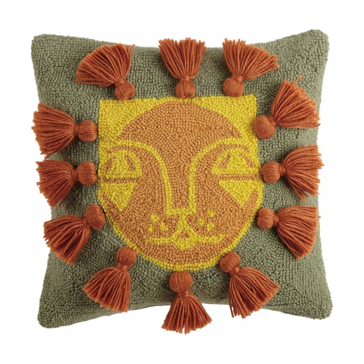 Leo with Tassels Hooked Wool Throw Pillow, 16x16 inch, front view