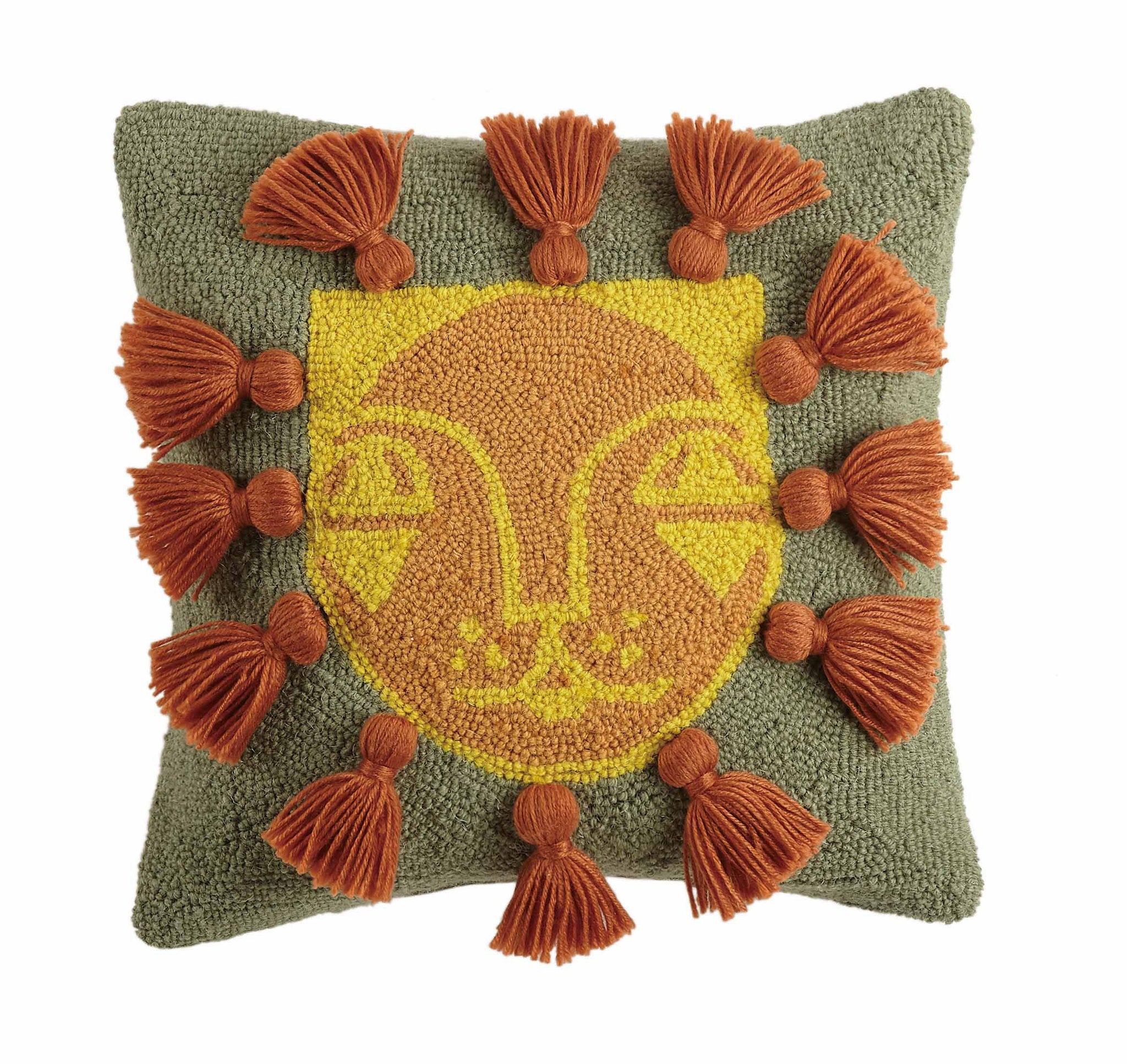 Leo with Tassels Hooked Wool Throw Pillow, 16x16 inch, front view
