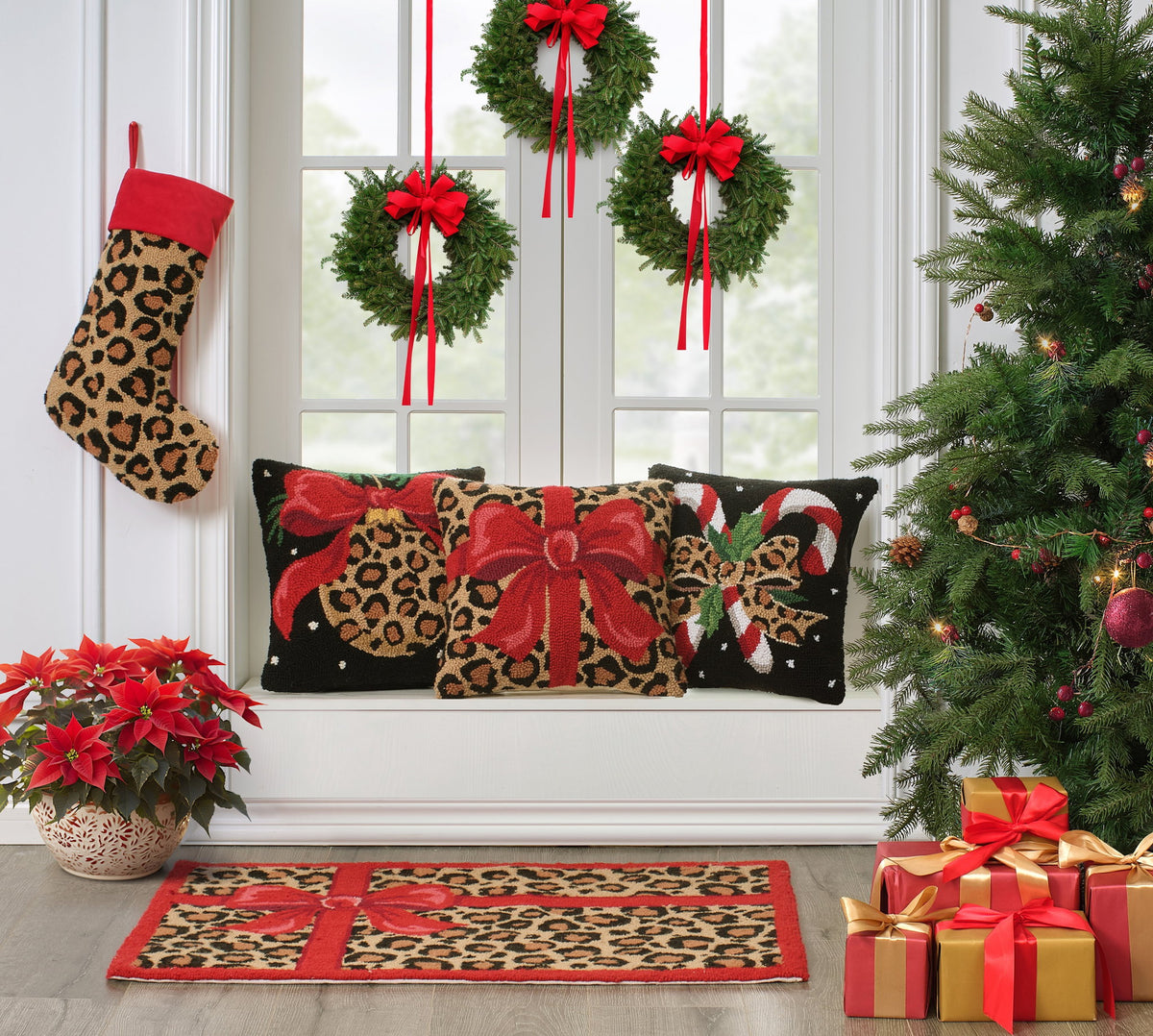 Leopard Christmas Hooked Wool Stocking shown alongside other designs in the same collection, 12x20 inch