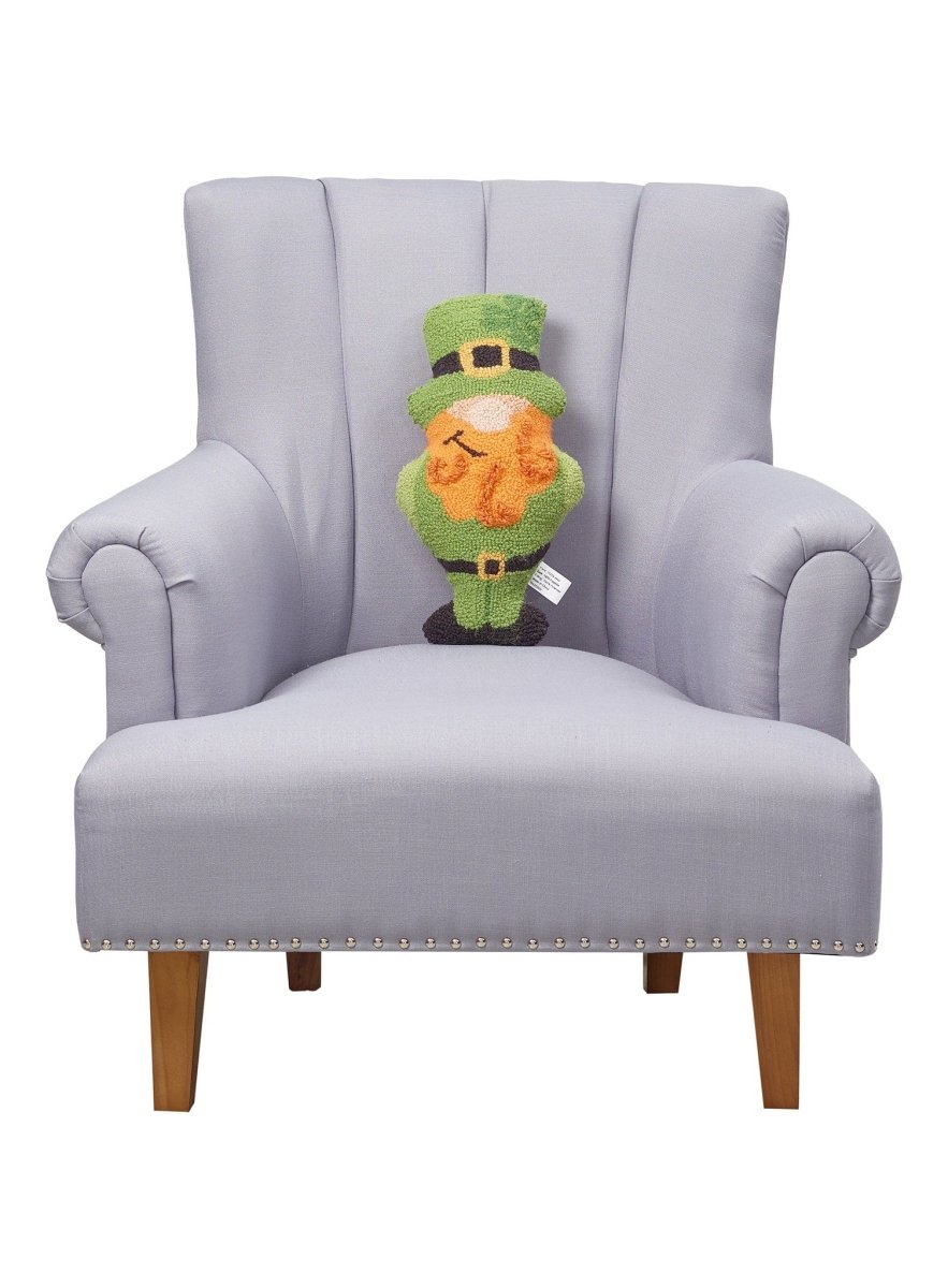 Leprechaun Shamrock Hooked Wool St. Patrick's Day Throw Pillow on an armchair, showing the throw pillow at room scale, 9x16 inch