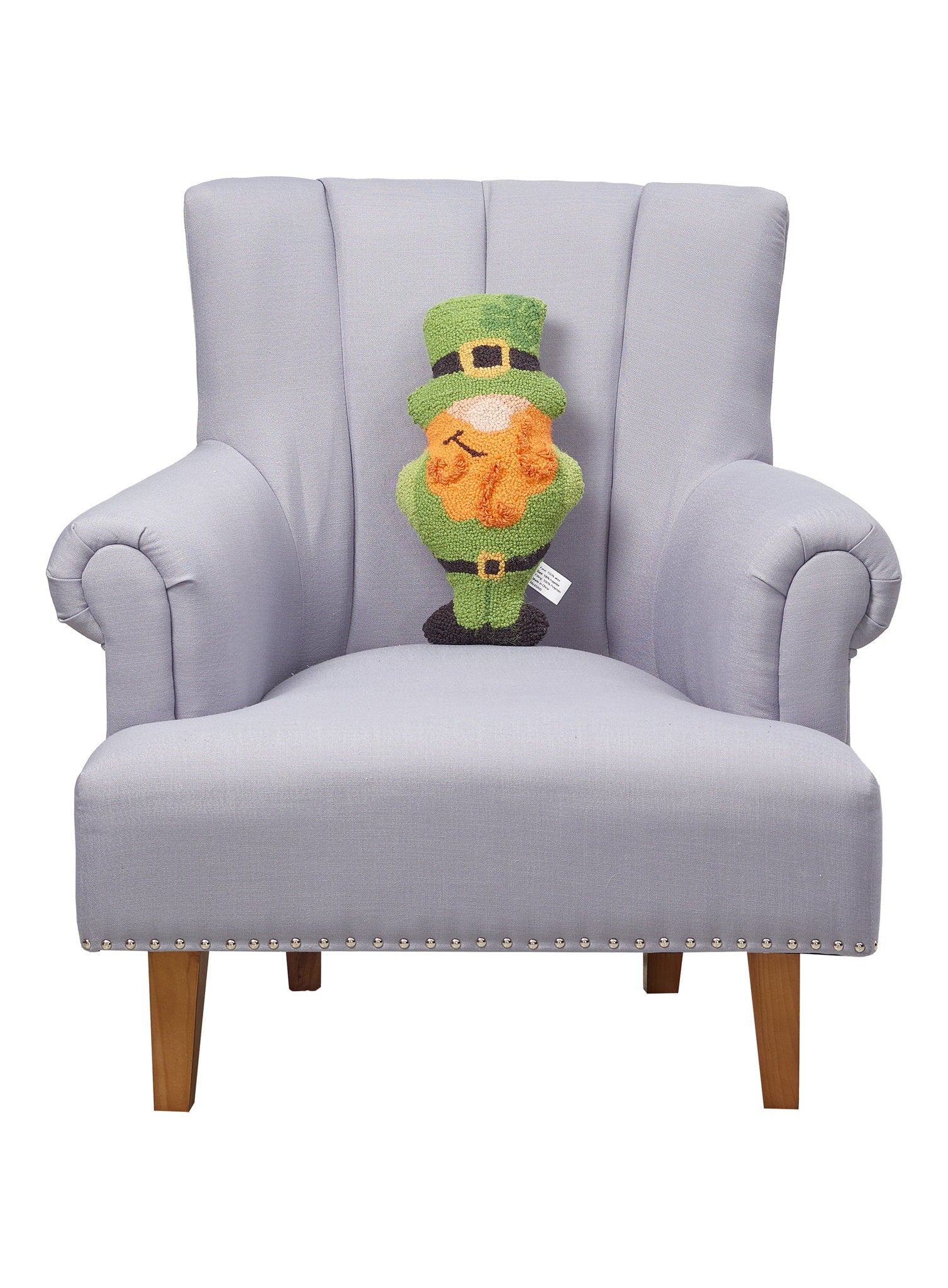 Leprechaun Shamrock Hooked Wool St. Patrick's Day Throw Pillow on an armchair, showing the throw pillow at room scale, 9x16 inch