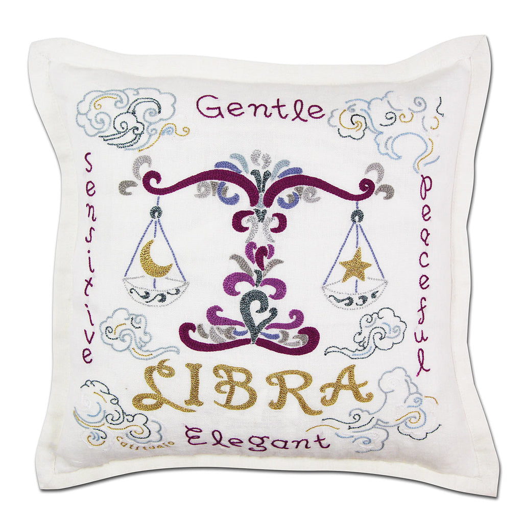 Libra Air Sign Astrology embroidered throw pillow with zodiac sign.
