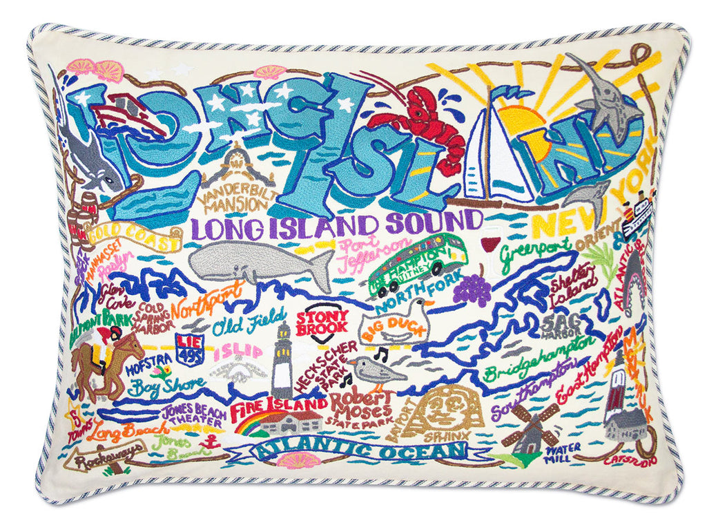 Long Island, NY Island City embroidered throw pillow with coastal scenery.