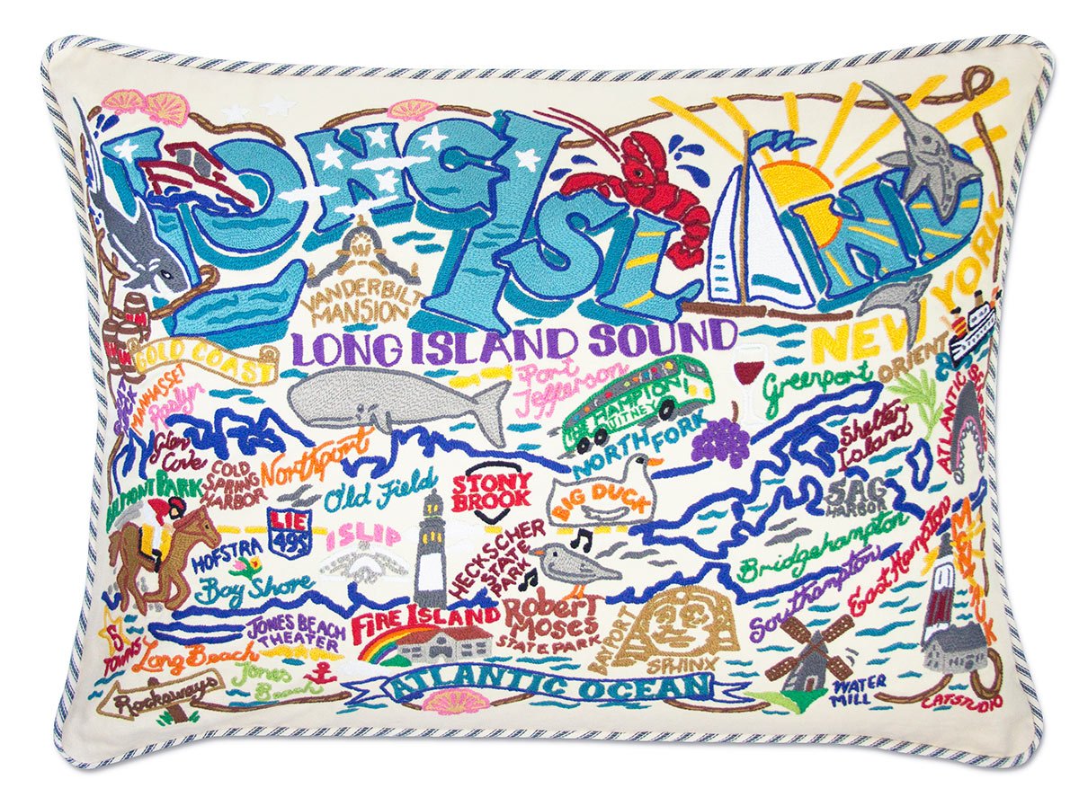 Long Island hand-embroidered throw pillow showcasing iconic landmarks