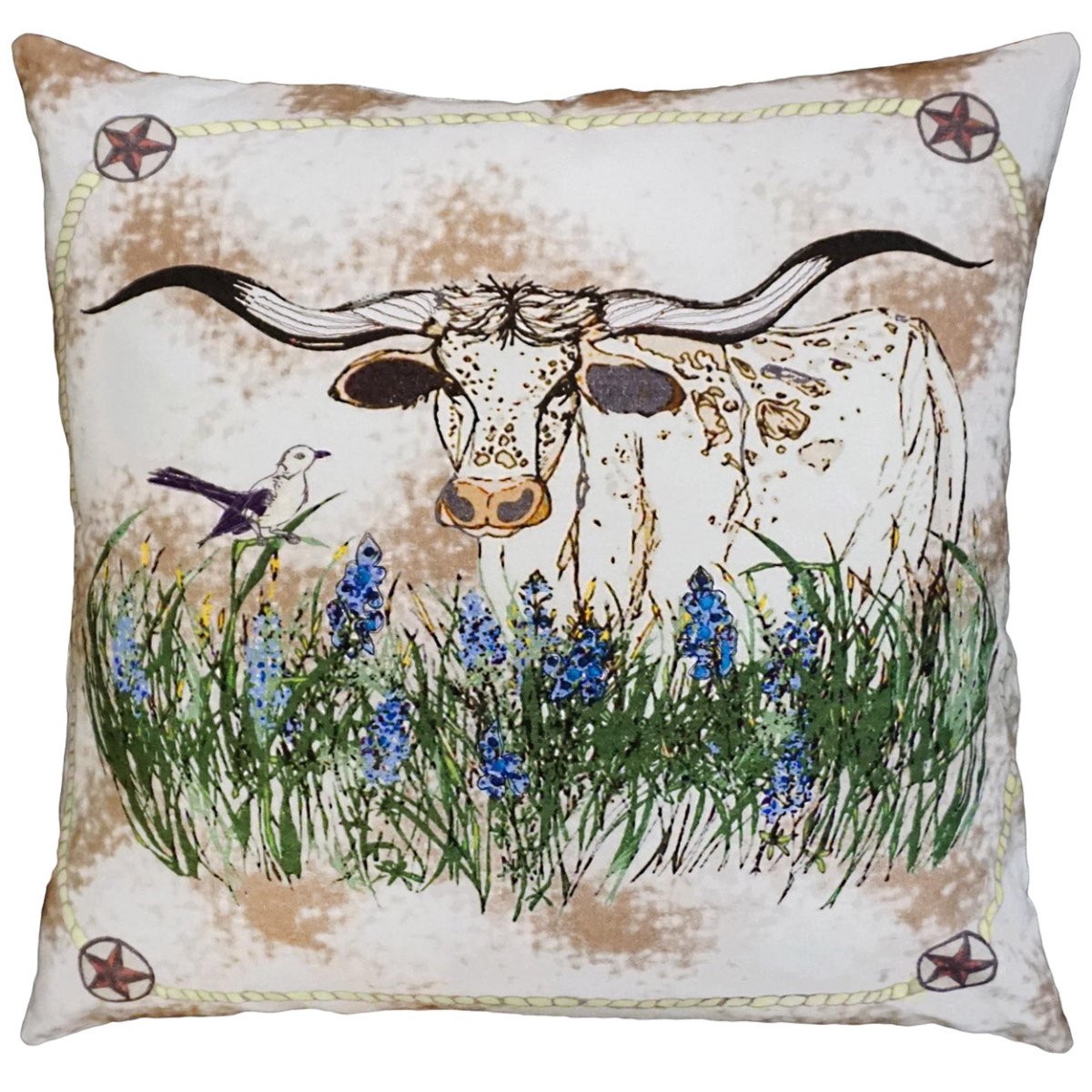 Longhorn Blue Bells Ranch needlepoint throw pillow with artisan decorative design