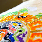 Los Angeles, CA Entertainment City Embroidered Pillow - close-up detail of hand-embroidered needlepoint stitching