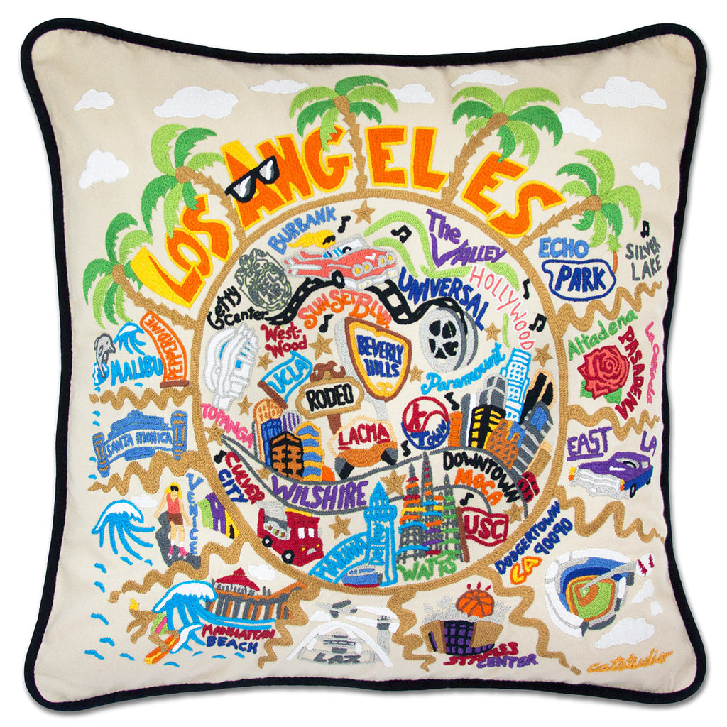 Los Angeles, CA Entertainment City embroidered throw pillow with Hollywood design.
