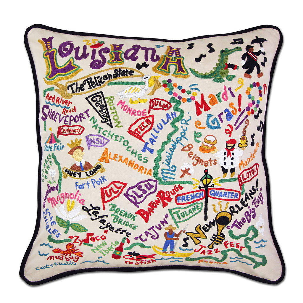 Louisiana State Jazz embroidered throw pillow with jazz imagery.