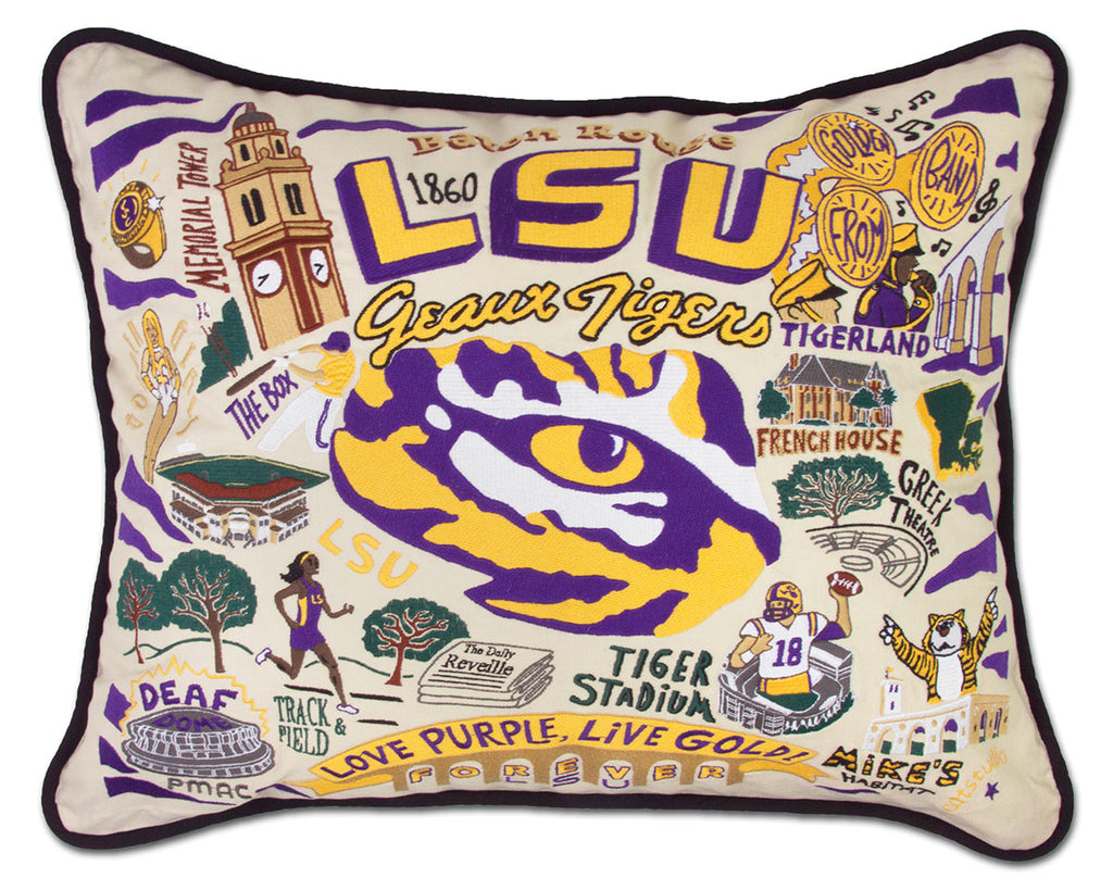 Louisiana State University LSU Tigers embroidered throw pillow with school logo.