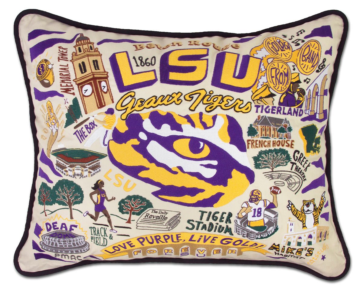 Louisiana State University Tigers hand-embroidered throw pillow featuring school colors and mascot imagery