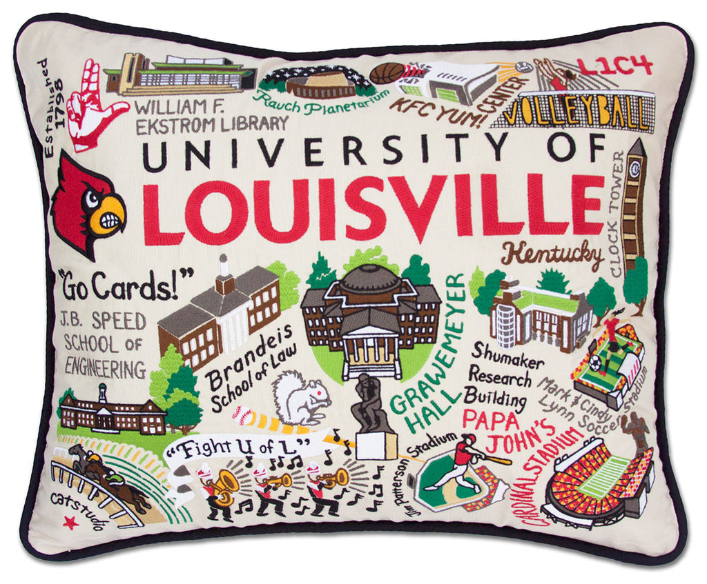 University of Louisville Cardinals embroidered throw pillow with school mascot.
