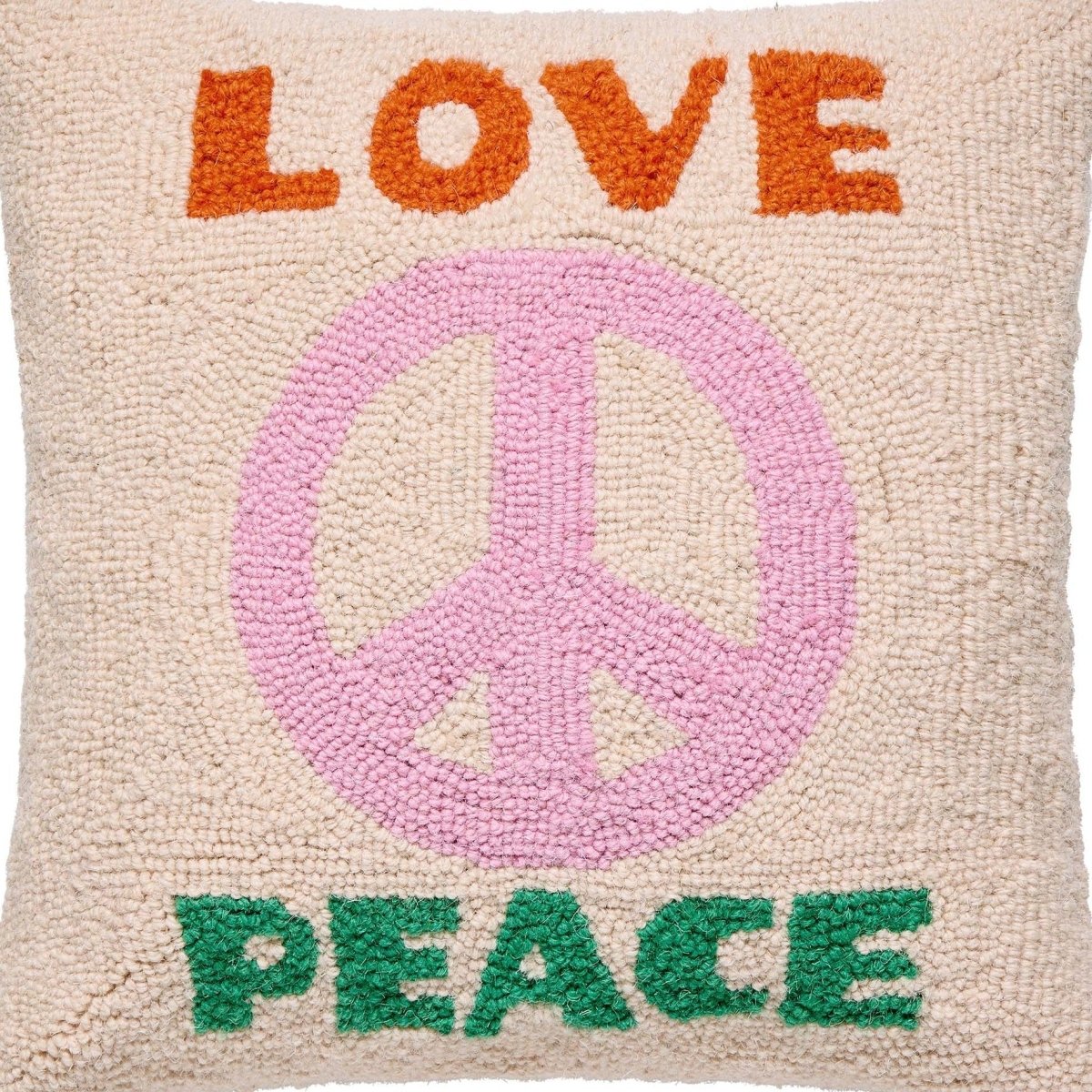 Love and Peace Hooked Wool Throw Pillow, close-up detail