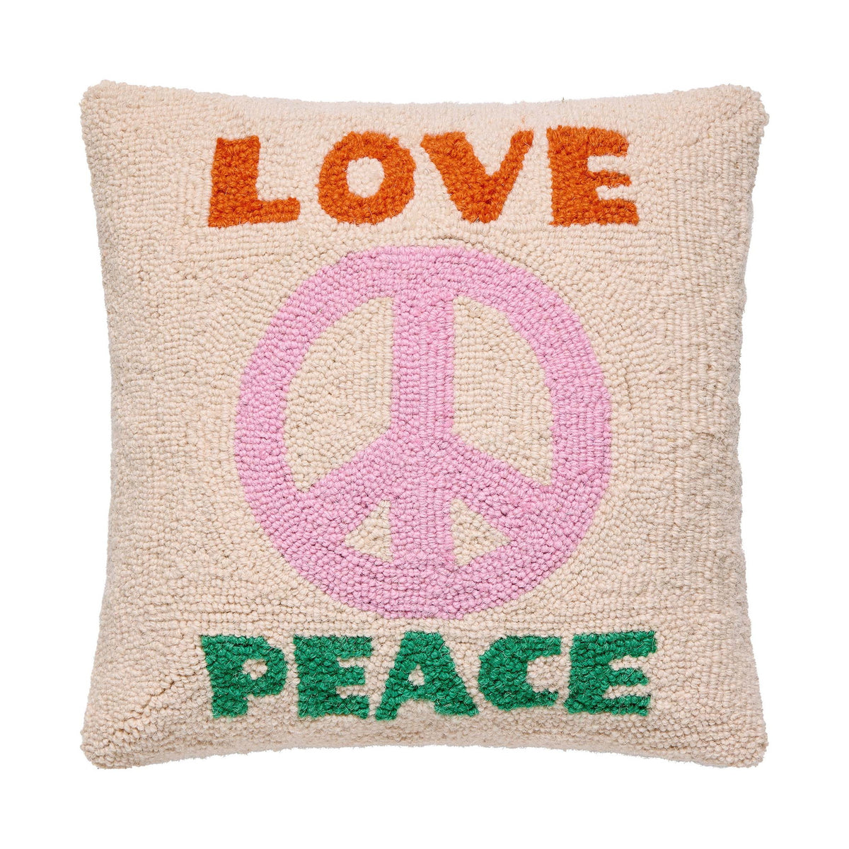 Love and Peace Hooked Wool Throw Pillow, 16x16 inch, front view