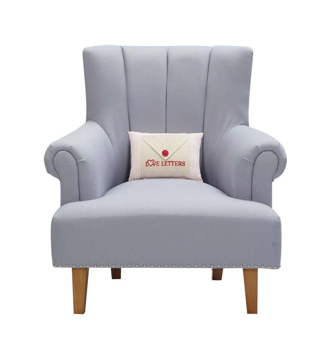 Love Letter with Button Embroidered Valentine Throw Pillow, 8x12 inch, shown upright on a gray armchair