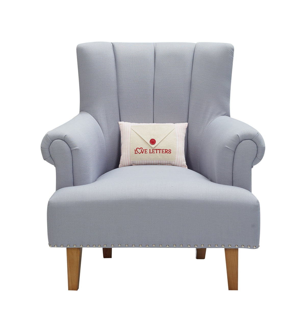 Love Letter with Button Embroidered Valentine Throw Pillow, 8x12 inch, shown upright on a gray armchair