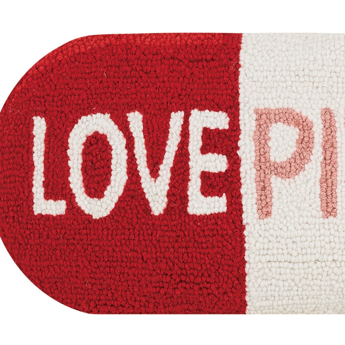 Love Pill Shaped Hooked Wool Throw Pillow, close-up detail