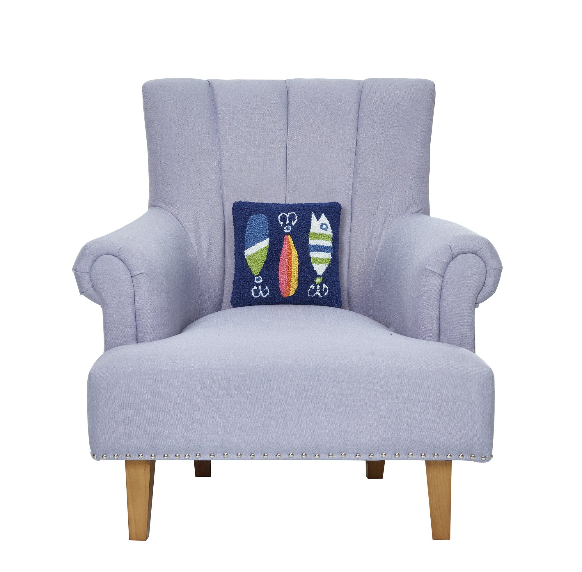 Lures Hooked Wool Throw Pillow on an armchair, showing the throw pillow at room scale, 10x10 inch