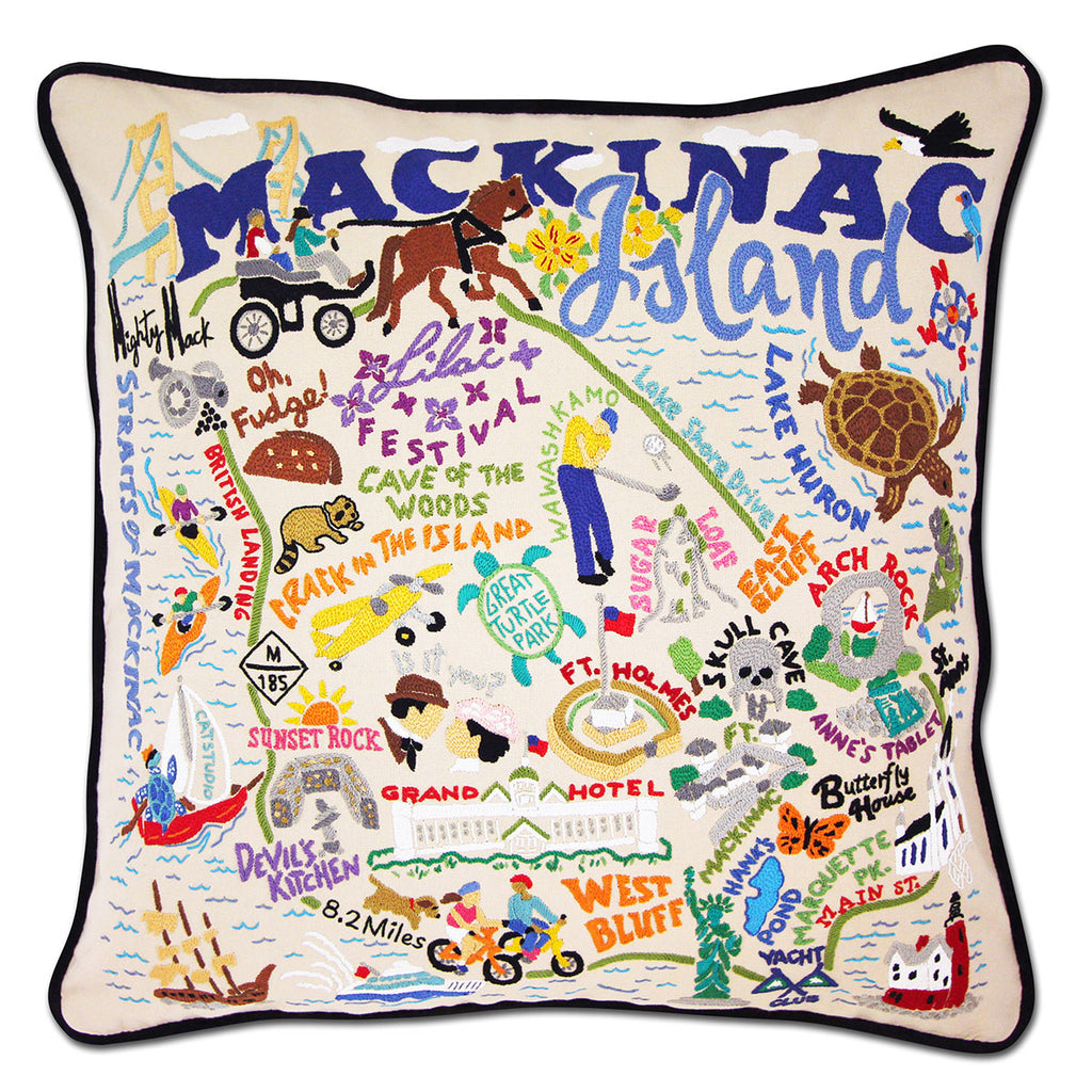Mackinac Island Vintage embroidered throw pillow with vintage scenery.