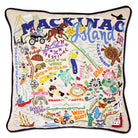 Mackinac Island Vintage hand-embroidered throw pillow showcasing iconic landmarks