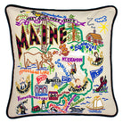 Maine State Lobster hand-embroidered throw pillow showcasing iconic landmarks