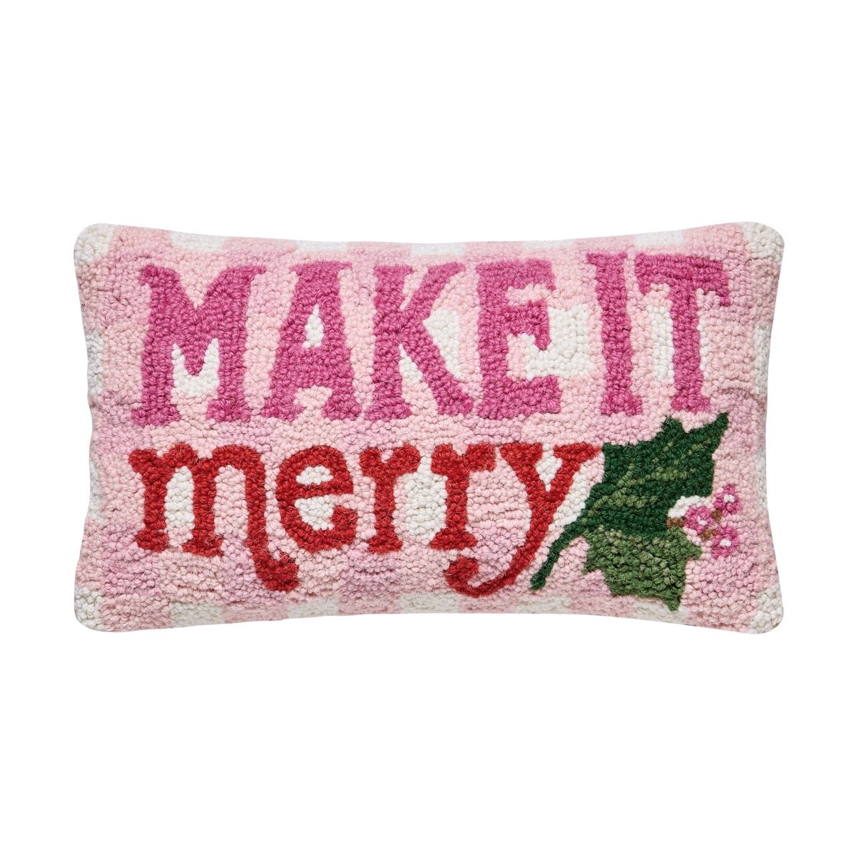 Make It Merry Hooked Wool Christmas Throw Pillow, 9x16 inch, front view