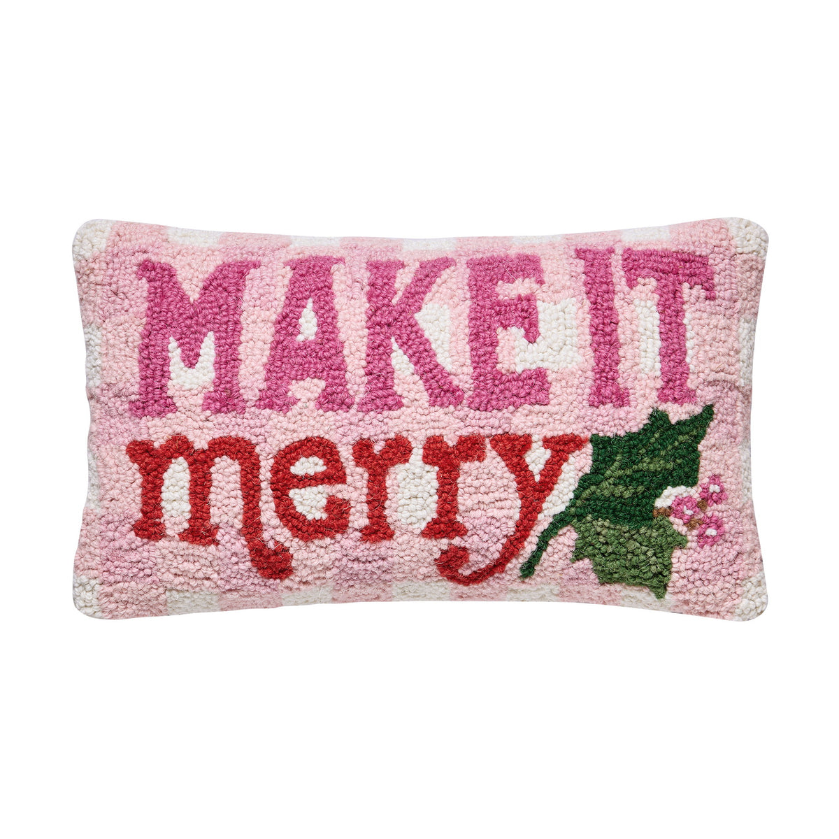 Make It Merry Hooked Wool Christmas Throw Pillow, 9x16 inch, front view
