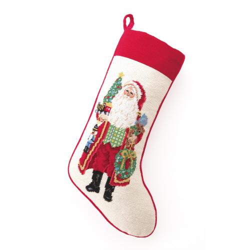Making Spirits Bright Wool Needlepoint Christmas Stocking, 11x18 inch, front view