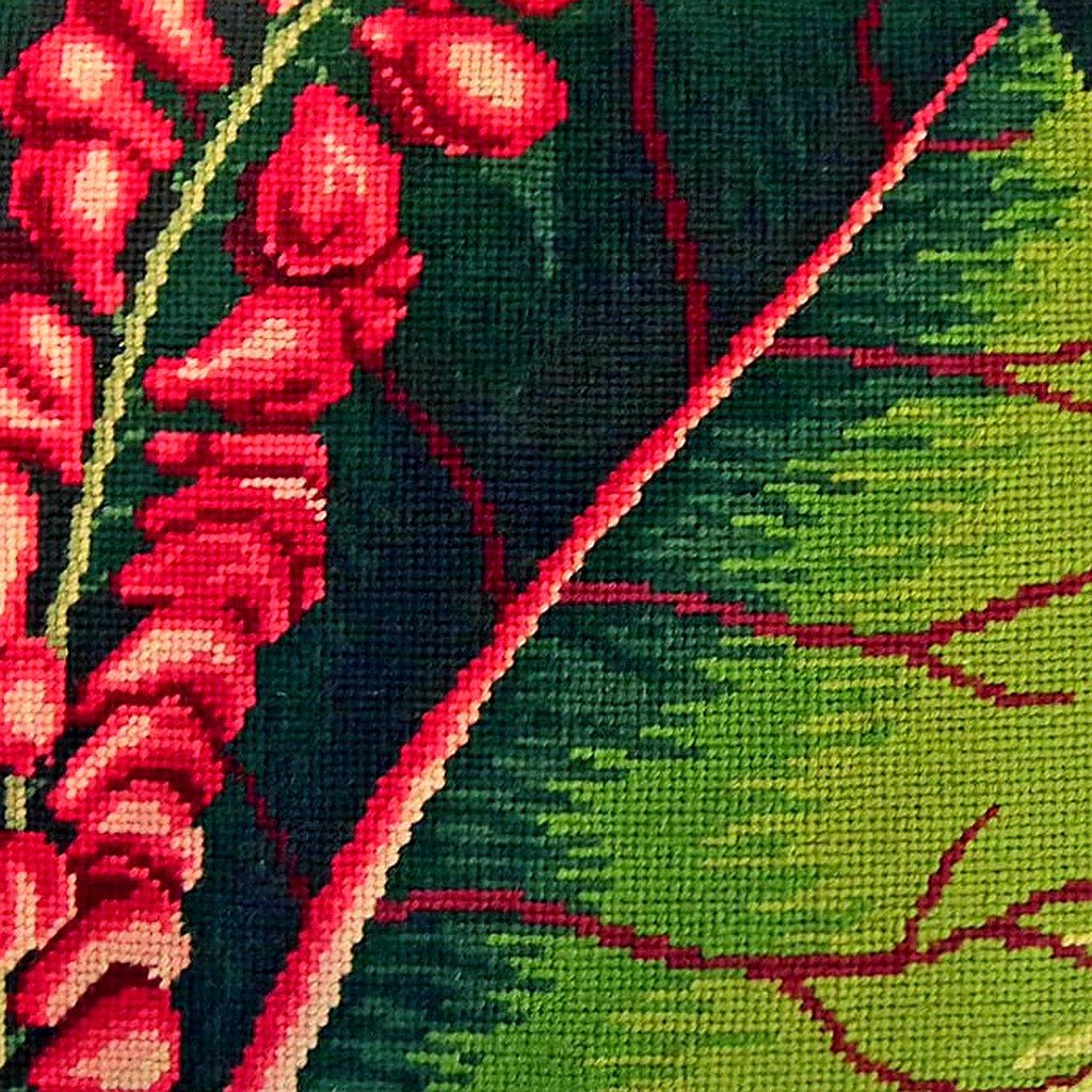 Mangrove Tree Antique Botanical pillow fabric closeup showing hand-embroidered needlepoint wool texture and color detail