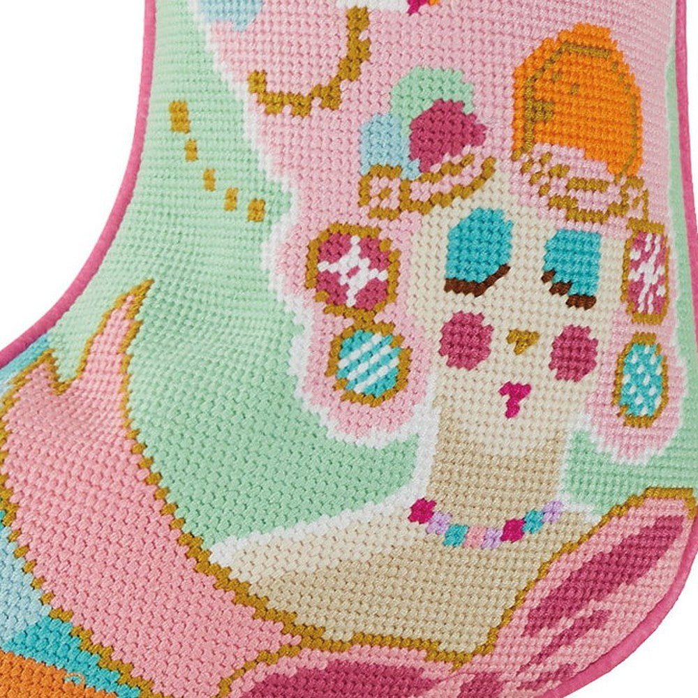 Closeup of Marie Sweet Embroidered Needlepoint Christmas Stocking showing stitch texture and craftsmanship detail