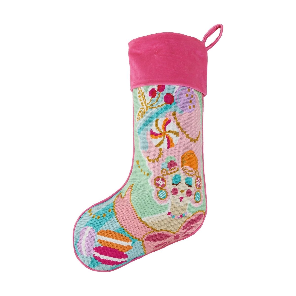 Marie Sweet Embroidered Needlepoint Christmas Stocking, 11x18 inch, front view