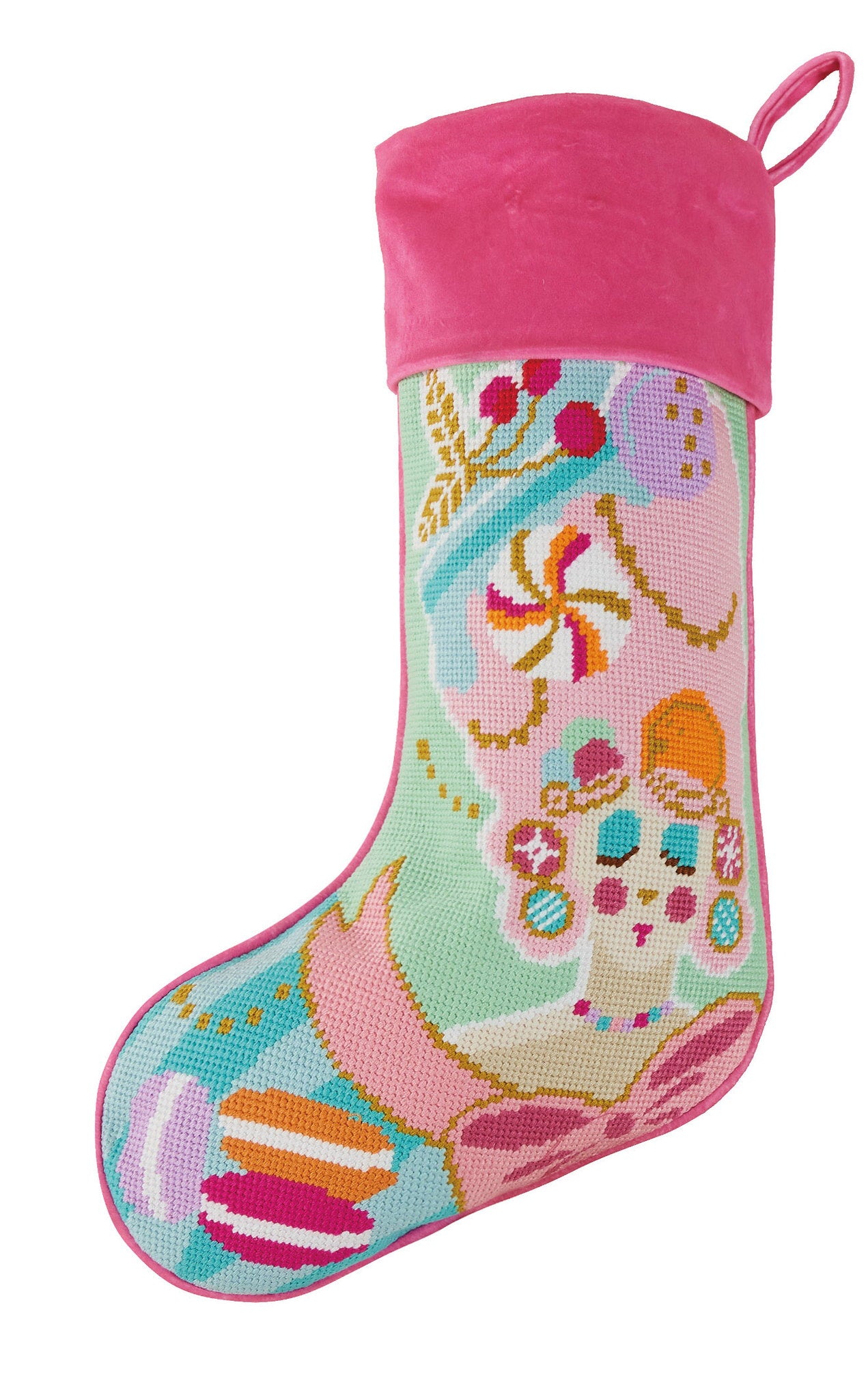 Marie Sweet Embroidered Needlepoint Christmas Stocking, 11x18 inch, front view
