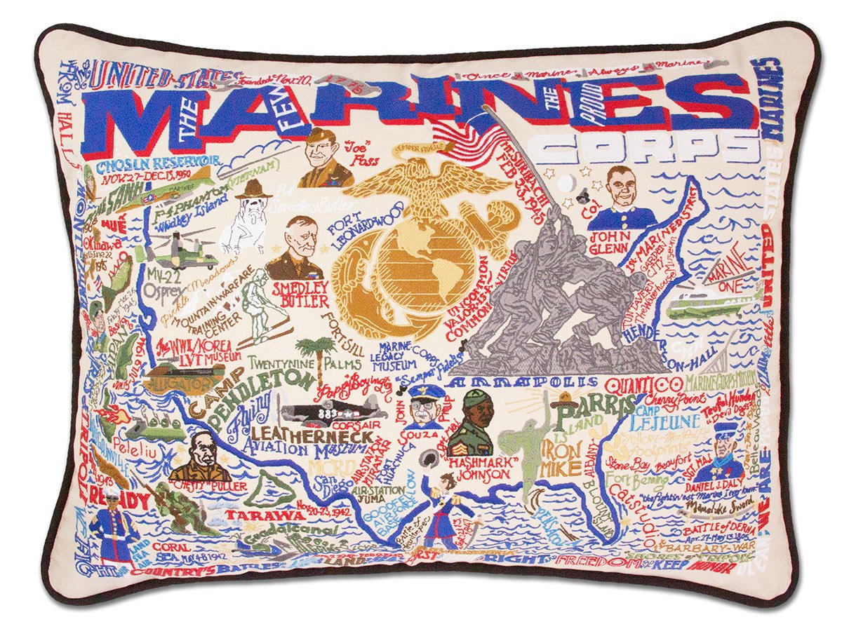 Marines Appreciation hand-embroidered throw pillow with rustic lodge-style design