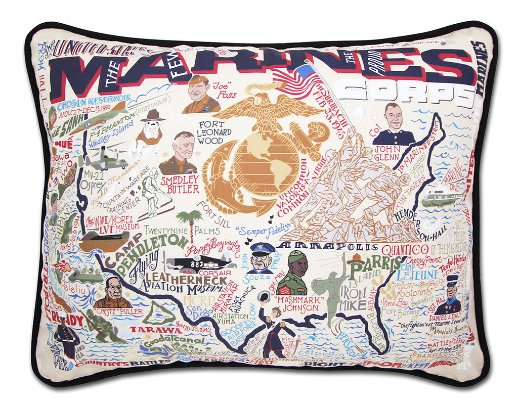 Marines US Military printed throw pillow with marine emblems.