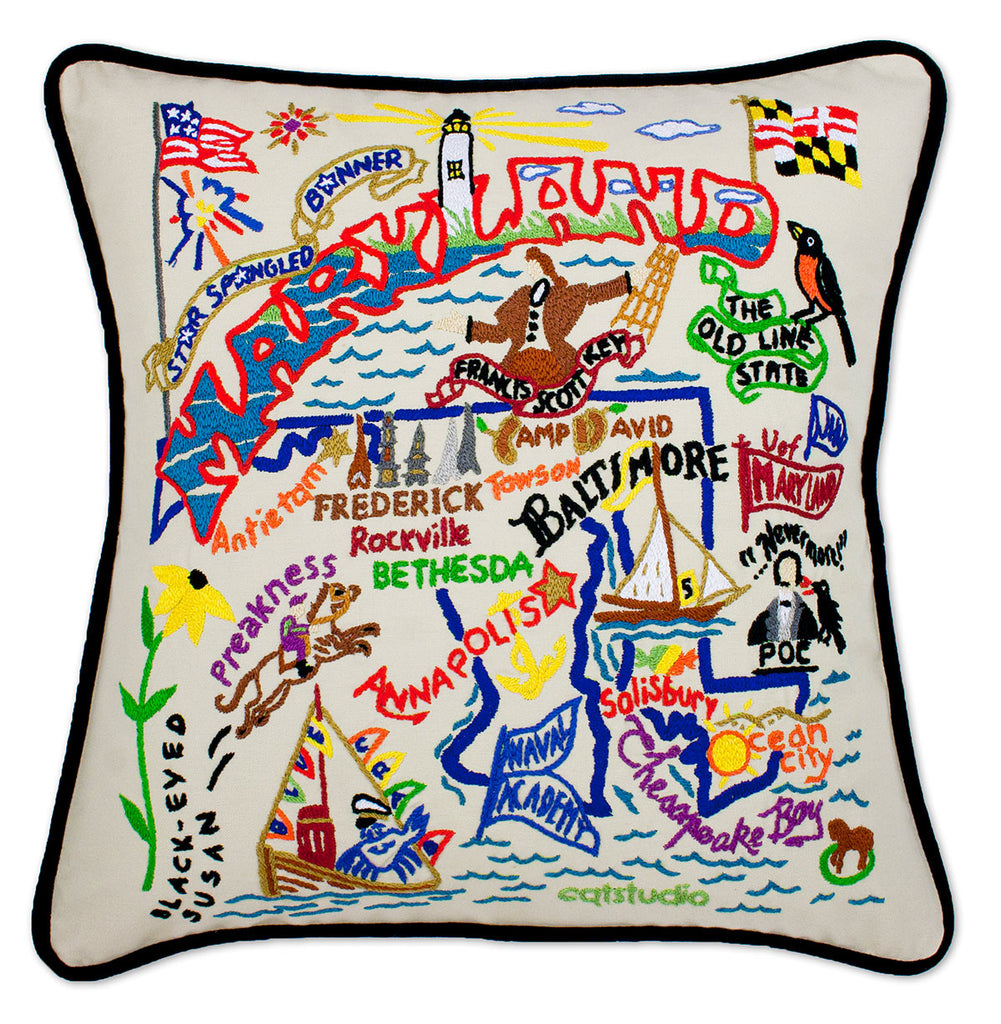 Maryland State Chesapeake embroidered throw pillow with coastal imagery.