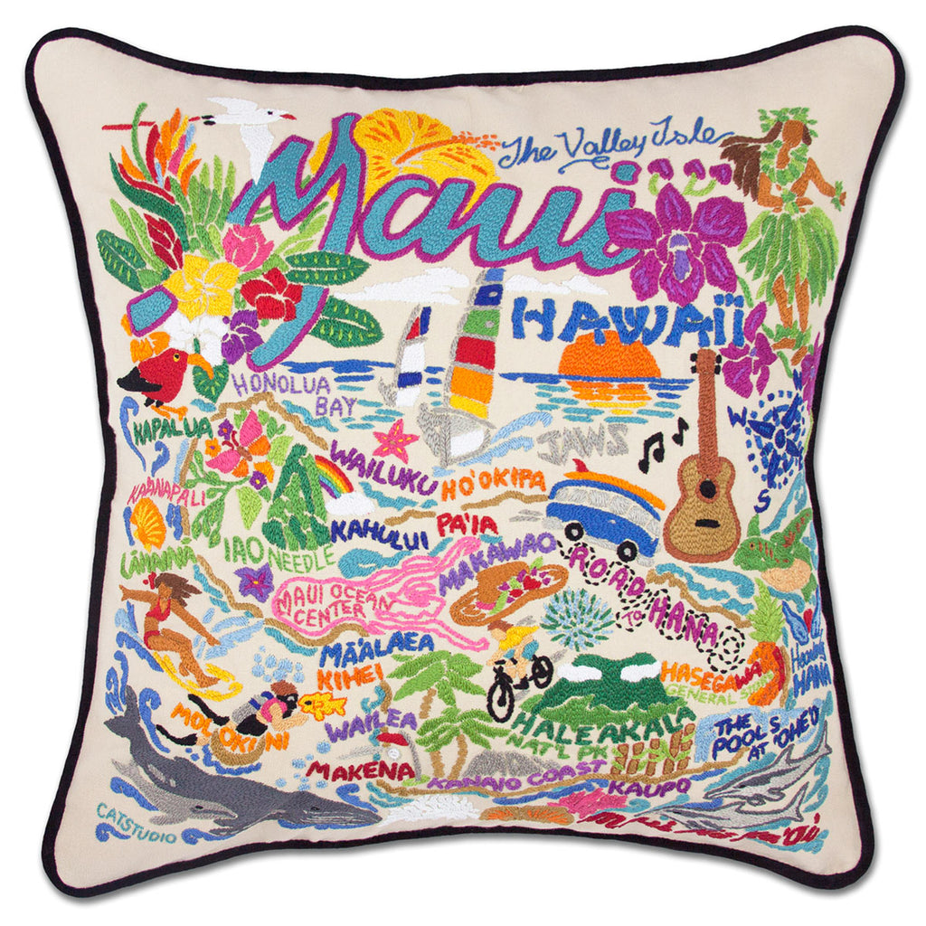 Maui Island Paradise embroidered throw pillow with tropical scenery.