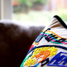 Memphis, TN Blues City Embroidered Travel Throw Pillow - close-up detail of hand-embroidered needlepoint stitching
