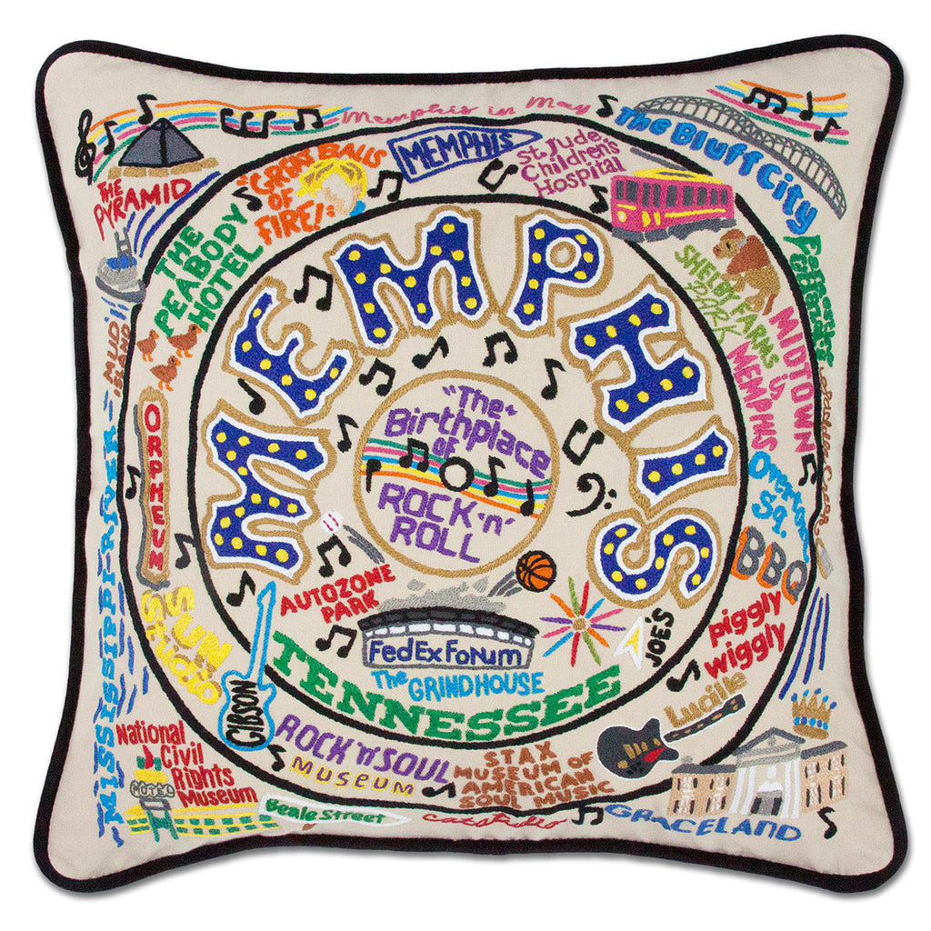 Memphis, TN Blues City embroidered throw pillow with musical design.