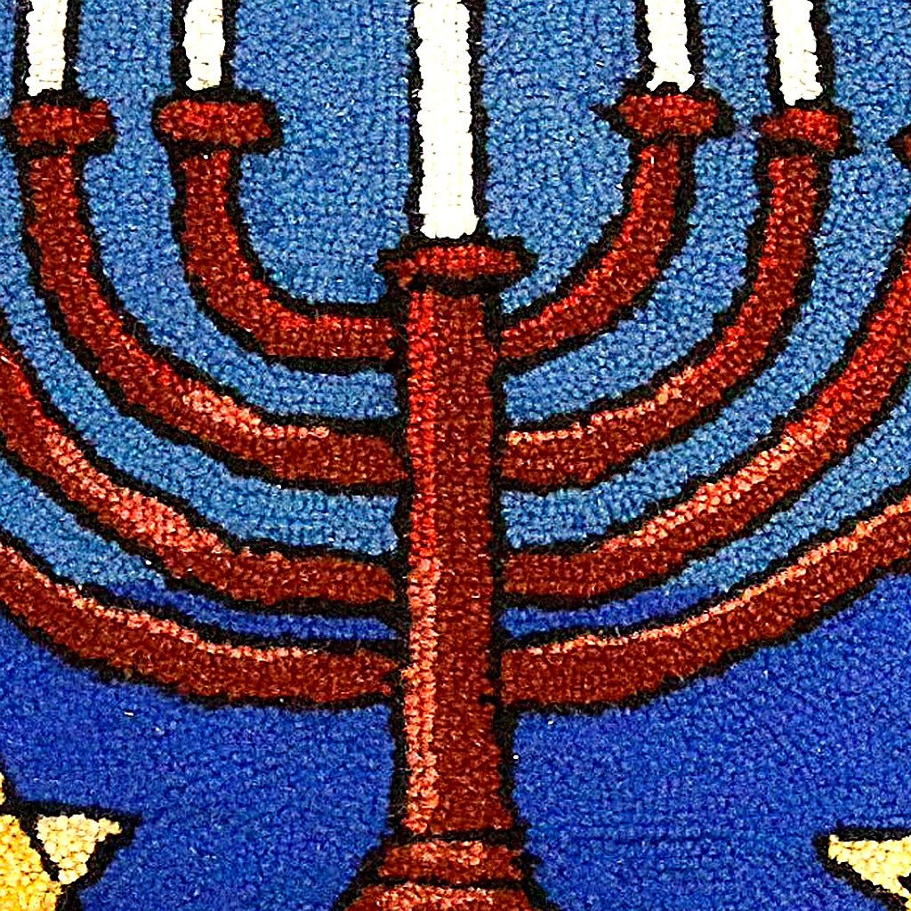 Hand-stitched wool detail of Menorah Celebration Tradition Wool Hooked needlepoint pillow showing intricate weave pattern and texture