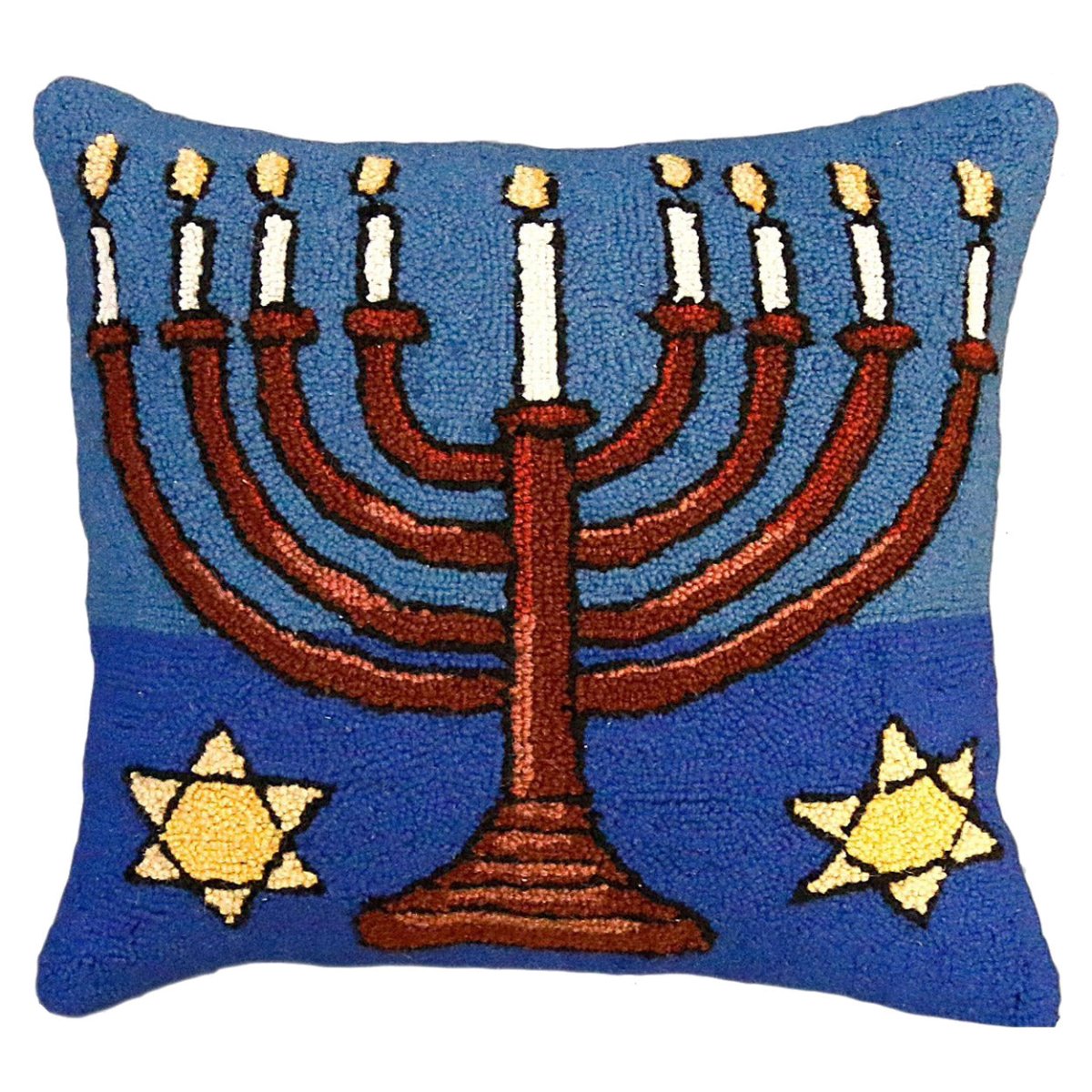 Menorah Celebration Jewish Tradition hooked wool throw pillow with artisan decorative design