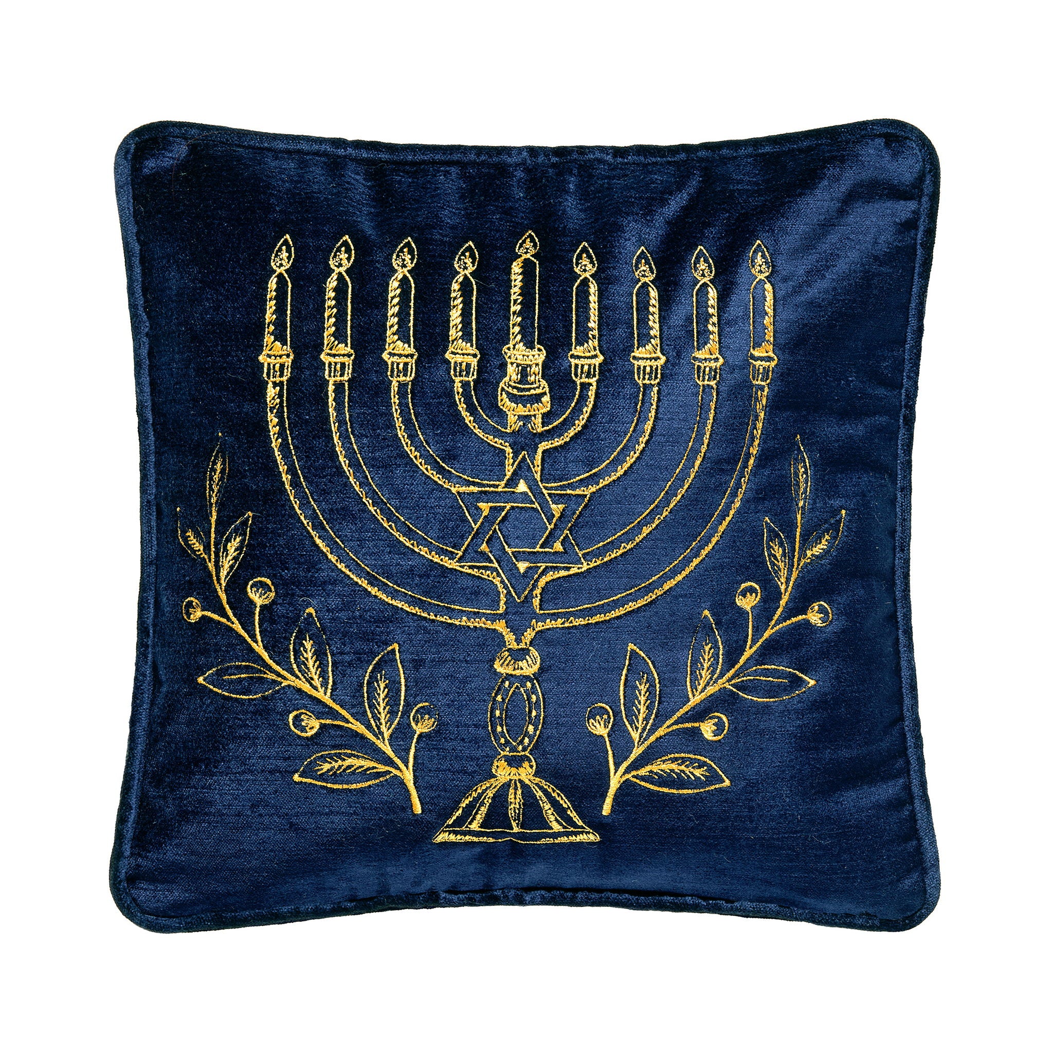Menorah Gold Embroidered Hanukkah Throw Pillow, 12x12 inch, front view