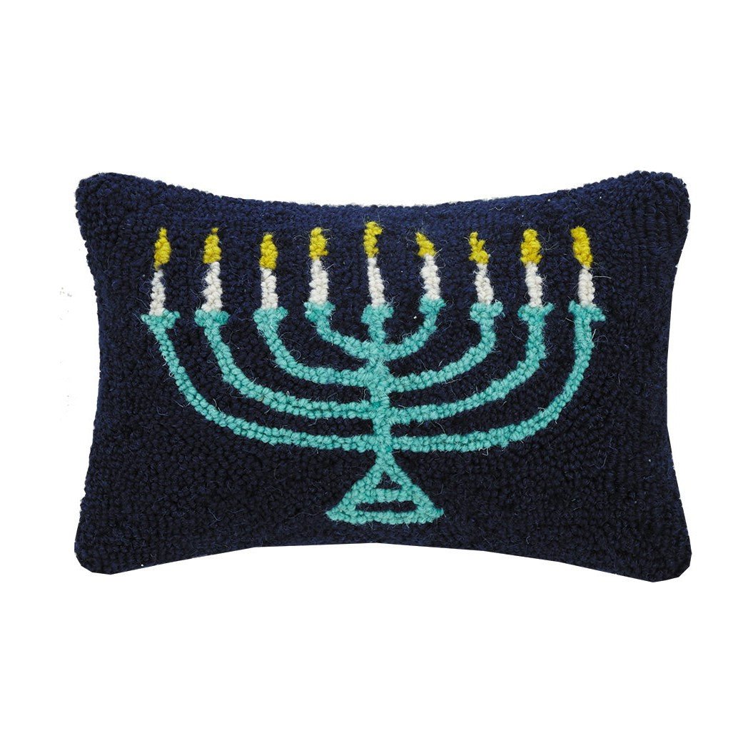 Menorah Hooked Wool Hanukkah Throw Pillow, 8x12 inch, front view